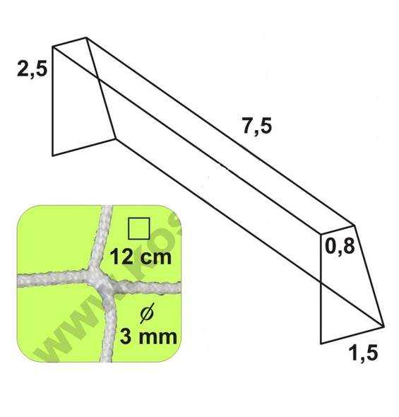 Futbalová sieť - bezuzlová, 7,5 x 2,5 x 0,8 x 1,5/12/3 mm, BIELA