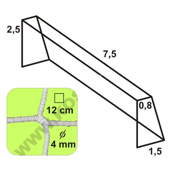 Futbalová sieť - bezuzlová, 7,5 x 2,5 x 0,8 x 1,5/12/4 mm, BIELA