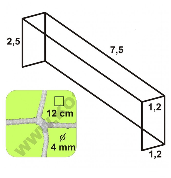 Futbalová sieť - bezuzlová, 7,5 x 2,5 x 1,2 x 1,2/12/4 mm, BIELA