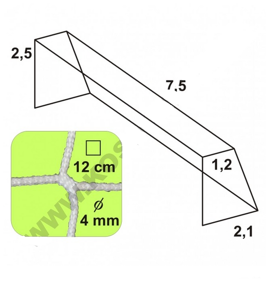 Futbalová sieť - bezuzlová, 7,5 x 2,5 x 1,2 x 2.1/12/4 mm, BIELA