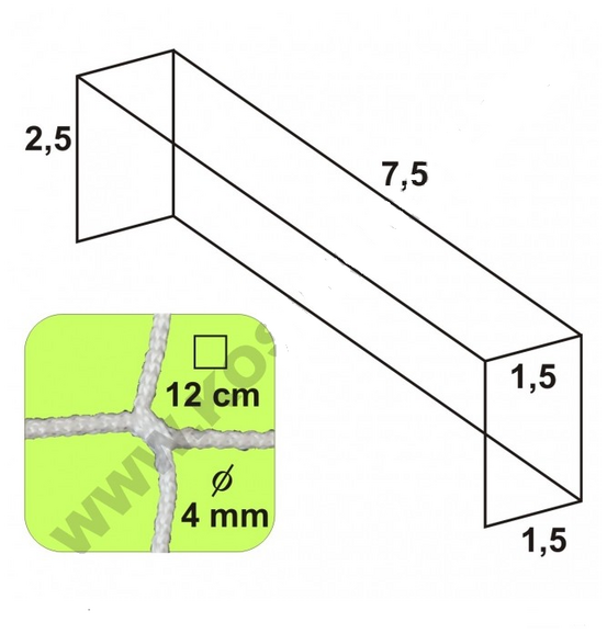 Futbalová sieť - bezuzlová, 7,5 x 2,5 x 1,5 x 1,5/12/4 mm, BIELA