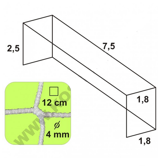 Futbalová sieť - bezuzlová, 7,5 x 2,5 x 1,8 x 1,8/12/4 mm, BIELA