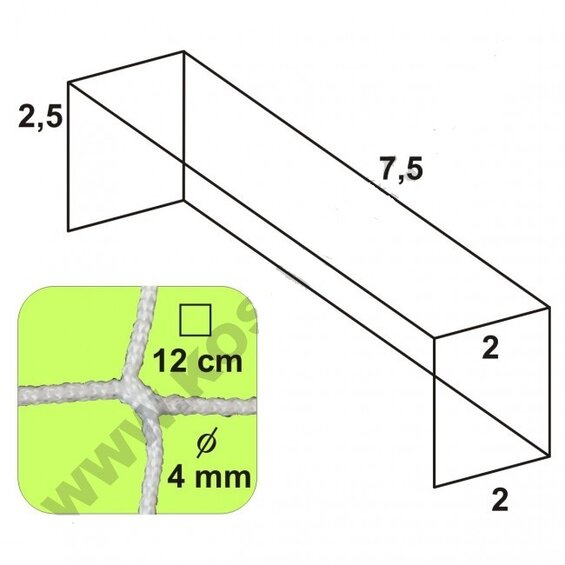 Futbalová sieť - bezuzlová, 7,5 x 2,5 x 2 x 2/12/4 mm, BIELA